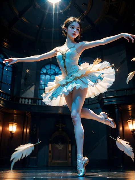 fantasy, high quality, 8K, realistic,photo realistic,RAW photo,photography,High resolution, ultra-definition, highest quality,cinematic lighting, (light particles), (small white feathers:1.3), glitter effect, from below, midnight, ballet、ballerina, ballet ...