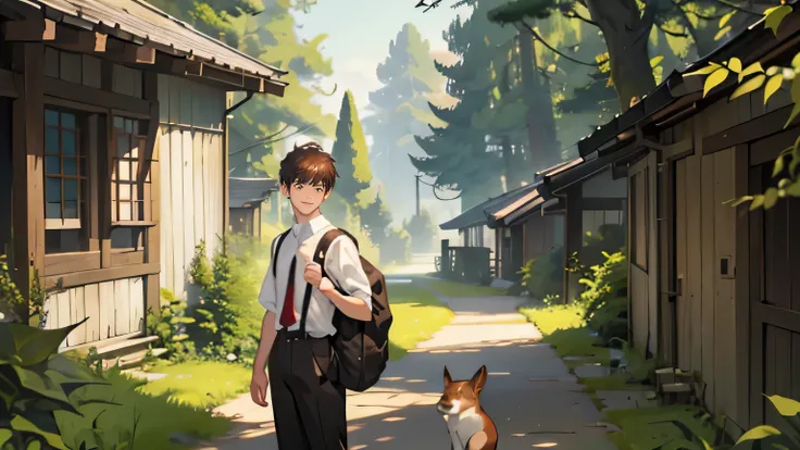 16 Years old Boy in casual white shirt and black trouser with Red back pack with black Straps, A wiggled brown and white Dog, a Squirrel, The surrounding trees and bushes are a vibrant tapestry of life, their branches adorned with rich textures of natural ...