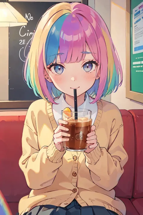 （In 8K, best quality, muste piece:1.2)、ultra high resolution,1 girl,ultra-detailed face,detailed eyes, (((Rainbow Hair)))、short hair,blunt bangs,BREAK,school uniform, (beige cardigan),pleated skirt,cinema lighting,smile,BREAK,Drink iced coffee,sitting,Cafe