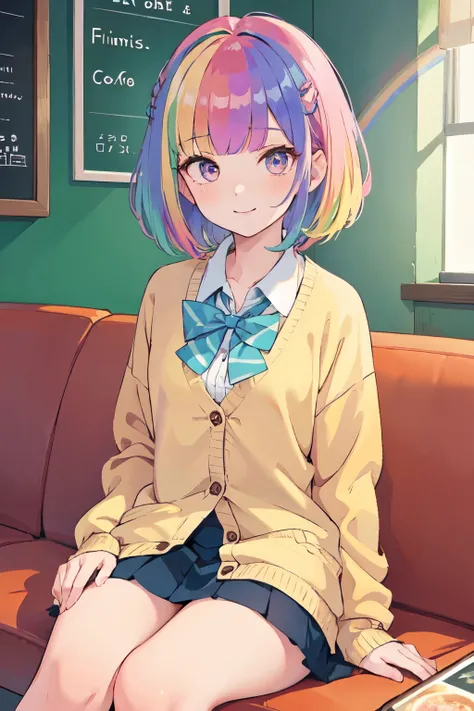 （In 8K, best quality, muste piece:1.2)、ultra high resolution,1 girl,ultra-detailed face,detailed eyes, (((Rainbow Hair)))、short hair,blunt bangs,BREAK,school uniform, (beige cardigan),pleated skirt,cinema lighting,smile,BREAK,Drink iced coffee,sitting,Cafe