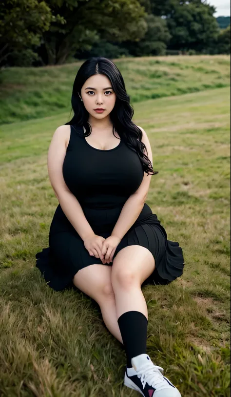 A beautiful beauty, long black hair, big eyes, round face, dress, tight purple skirt, sneakers , slightly fat, plump and sexy, delicate facial features, on the grassy hillside, black grass and words, dark sky and dark clouds, HD, high quality, the best pic...