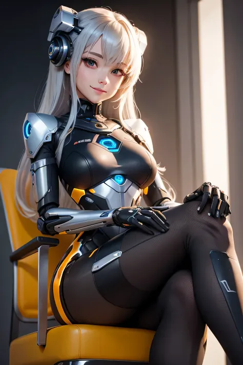 Female robot sitting cross-legged on a chair　Machine body　wearing black tights　both hands are placed on the knees　bewitching smile