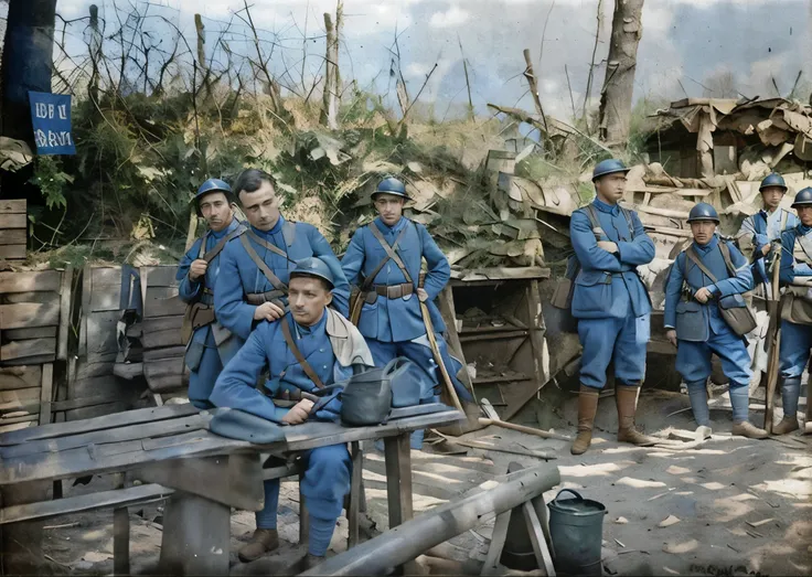 there are many men in blue uniforms standing around a bench, ww1 trench, in trenches, colourised, ww1 film photo, colourized, trenches, ww1, ww 1, schutztruppe, ww1 photo, several soldiers, historical reenactment, on set, trench warfare, trench sandbags in...