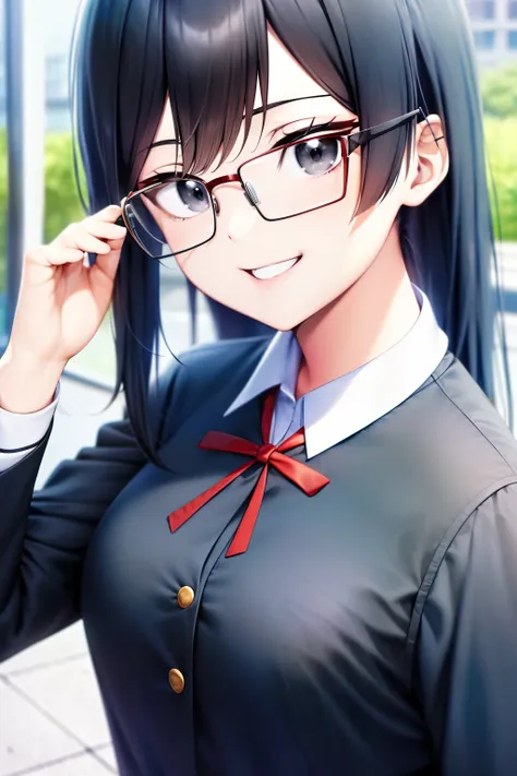 (masterpiece, best quality: 1.2), close-up photo, anime girl with long black hair and black eyes, wearing a black school uniform...