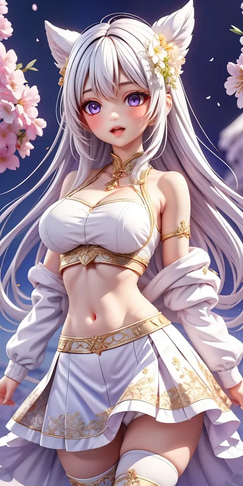 actual, 1 girl, white hair, purple eyes, glowing eyes, crop top, Lift the skirt, open lips, blush, night, flowers, sun, sunlight,
