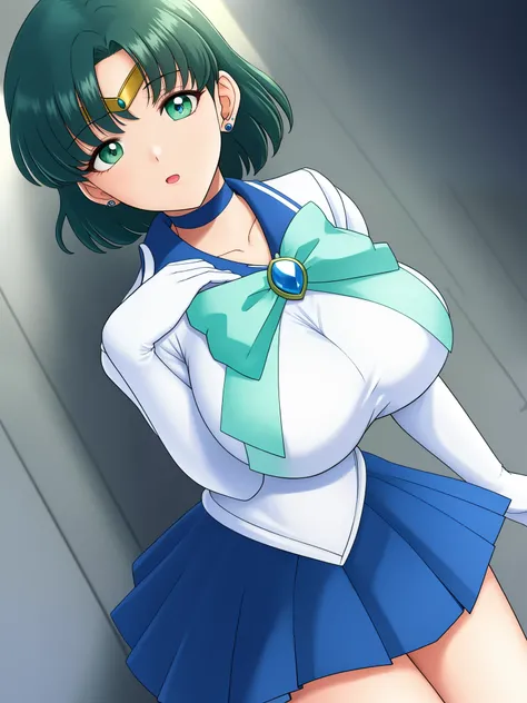 Mizuno_friend, Huge_chest, Are standing, alone, Classic SMRC_green_skirt_white_gloves_green_boots_green_choker_green_bowtie_green_return_bow_circlet_green_brooch, masterpiece, highest quality, detailed face, fine eyes, High resolution,