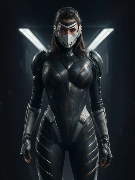 (masterpiece, best quality, absurdres, 8k)Hyper realistic painting of a beautiful curvy 23 year old woman in a black and white  heavy armored EVA plugsuit with a futuristic space mask,  hyper detailed, anime, by Greg Rutkowski, trending on artstation, 