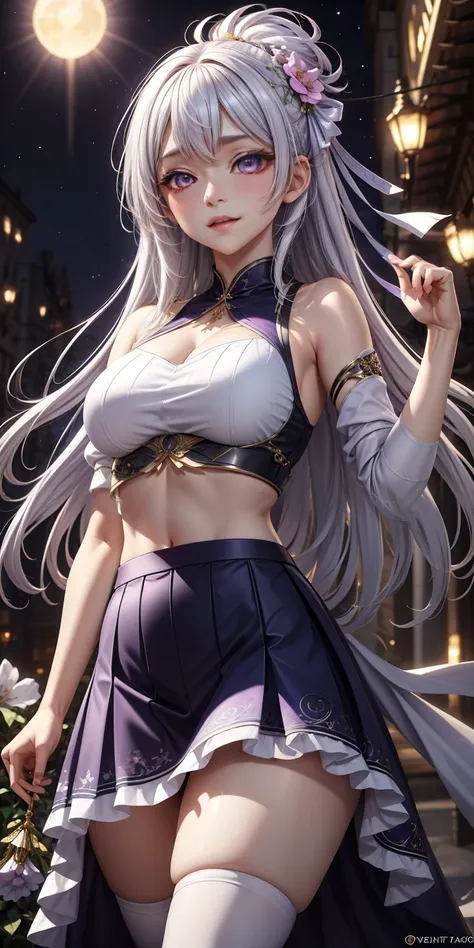 actual, 1 girl, white hair, purple eyes, glowing eyes, crop top, skirt, open lips, blush, night, flowers, sun, sunlight,