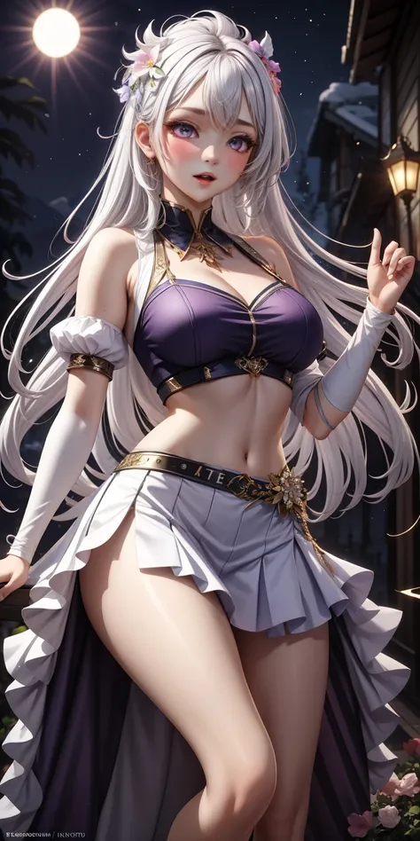 actual, 1 girl, white hair, purple eyes, glowing eyes, crop top, skirt, open lips, blush, night, flowers, sun, sunlight,