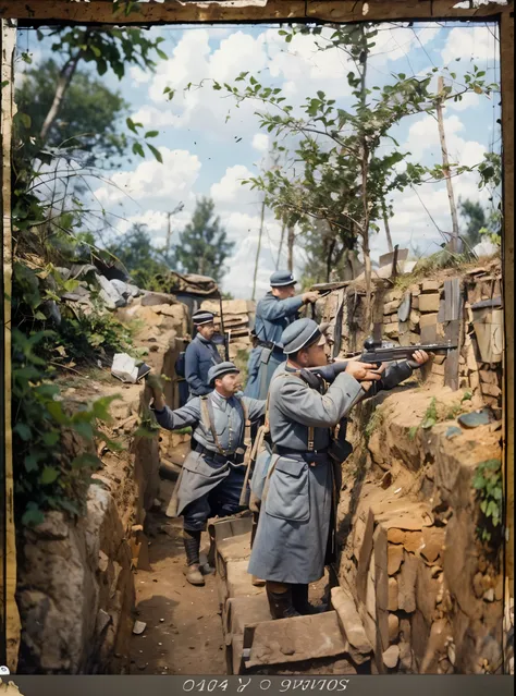 there are men in uniforms shooting at a man in a trench, ww1 trench, russian ww 1, in trenches, trench warfare, by Rudolf Freund, trenches, 1911, ww 1, ww1, colorized 1 9 0 4 photo, 1 9 1 4, 1914, ww1 film photo, colorized, 1915