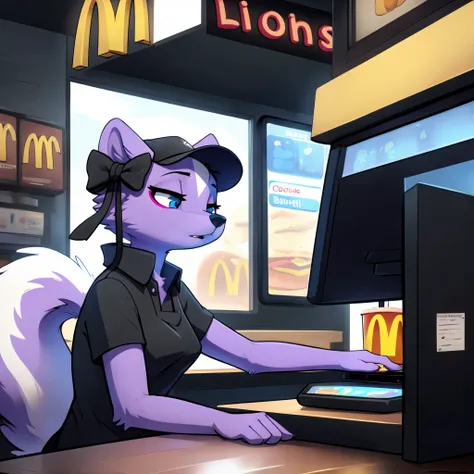 By black-kitten, by trigaroo, by azoomer, by braeburned, flat colors, cell shading, Shikabane, purple anthro skunk girl, blue eyes, white sclera, a single purple skunk tail, wearing black shirt, grey apron, a McDonald’s hat, she has a wireless drive thru h...