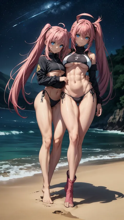 1 girl, (medium breasts))), (((wearing short bikini))), (long pink hair), (((blue eyes))), thin arms, (on the beach at night with starry sky and moon blood full), (thin waist), (((muscular legs))), muscular belly, barefoot, showing her big ass to me, (((fu...