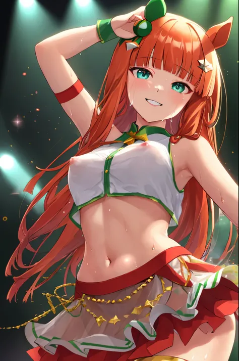 sexy dance show,silence suzuka,Umamusume,Ultra-detailed face,top-quality,Smile,Live Stage,Stage costumes,Horse tail,sing a song,ultra miniskirt,navel,cle,micro panties,arvage,see through nipples,sweat,from below