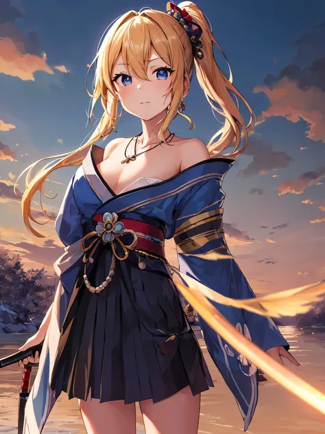 master piece, highest quality, High resolution, 1 girl, alone, hayasaka ai, blue scrunchie, side ponytail, hair between eyes, blue eyes, blonde hair, hair ornaments, chest,kimono,samurai cross,has a sword, necklace, clavicle, black dress, jewelry, sweater,...