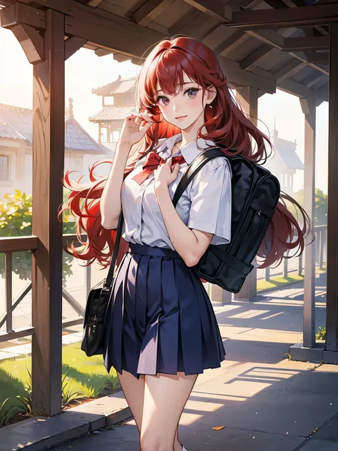  9 years.. E-book cover character . Shoulder-length curly hair and red hair. Bow on pink head. big brown eyes. white skin. same character. Wearing a navy blue skirt and white blouse as a high school uniform. White socks and black shoes. various poses, same...