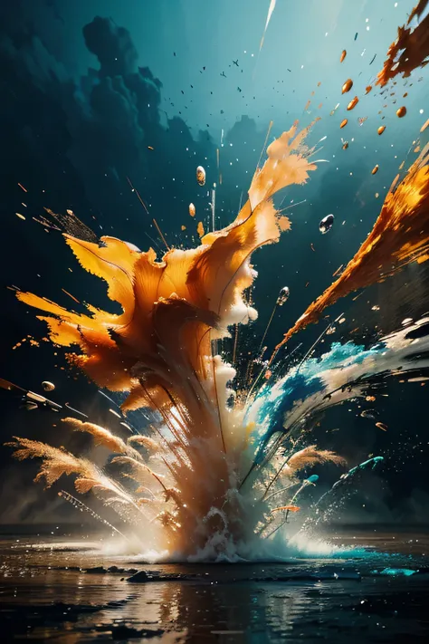 Create an illustration that looks like a moving paint explosion. Try fluid patterns, splashes and drops to capture the dynamics and energy of paint being released into the air.