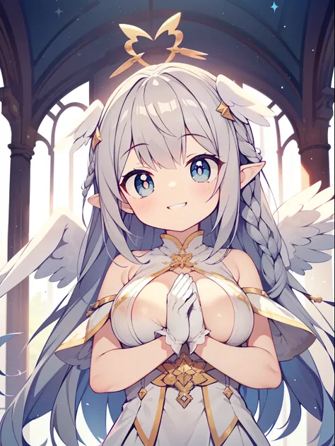 (angel girl:1.2), (1 person:1.2),(10 year old girl)、young girl、big breasts、 nffsw、shader、highly detailed eyes、angel costume(Wearing a white cloth、angel wings、angel ring)、long straight hair、underide boob、gray hair、Braid、silky hair、ultra-intricate pupil in e...