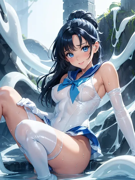 masterpiece, highest quality, High resolution, high resolution, super detailed, All limbs, full finger, sailor mercury　Transformation heroine of justice　enamel white leotard　enamel blue boots　wrinkled boots　enamel white gloves　Enamel blue miniskirt　neat im...