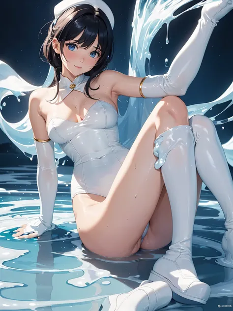 masterpiece, highest quality, High resolution, high resolution, super detailed, All limbs, full finger, sailor mercury　Transformation heroine of justice　enamel white leotard　enamel blue boots　wrinkled boots　enamel white gloves　Enamel blue miniskirt　neat im...