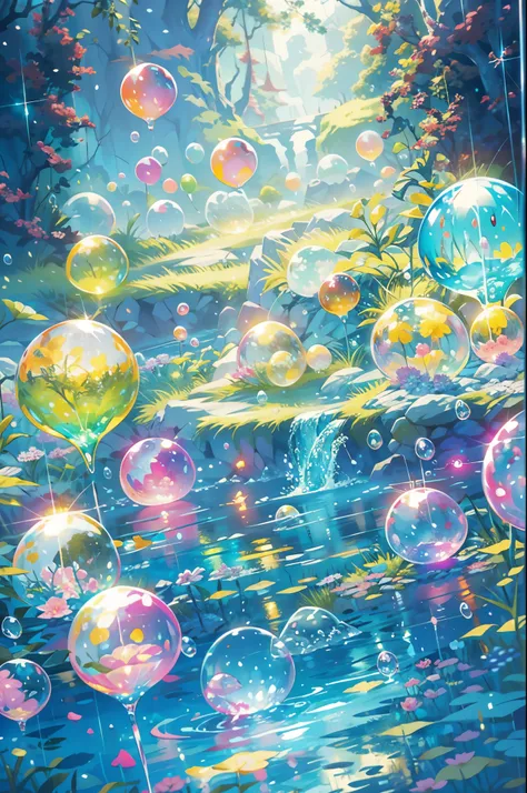 far shot of a lake,super cute slime,reflecting light,colorful bubbles,magical lake,ultra-detailed,best quality,soft lighting, fa...