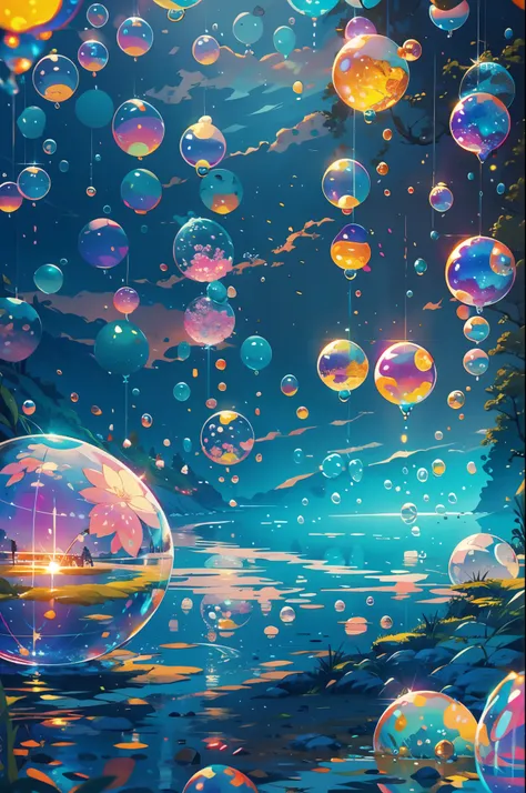 Far shot of a lake,super cute slime,reflecting light,colorful bubbles,magical lake,ultra-detailed,best quality,soft lighting, fantasy style, vibrant colors