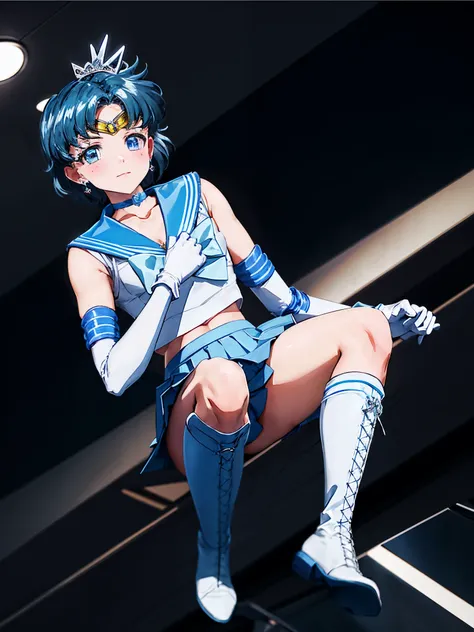 masterpiece, highest quality, High resolution, See more1, tiara, Sailor Senshi Uniform, blue skirt, blue sailor collar, tiara, bow, knee boots, choker, white gloves, blue choker, elbow gloves, jewelry, earrings, pleated skirt, cowboy shot, outdoor