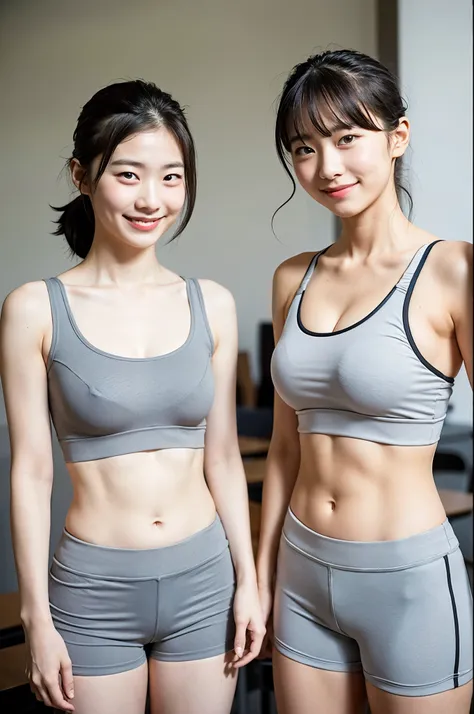 2 girls in classroom,light gray sports bra,light gray compression shorts,18-year-old,bangs,a little smile,thighs,knees,short cut hair,low ponytail,from below,front-lighting