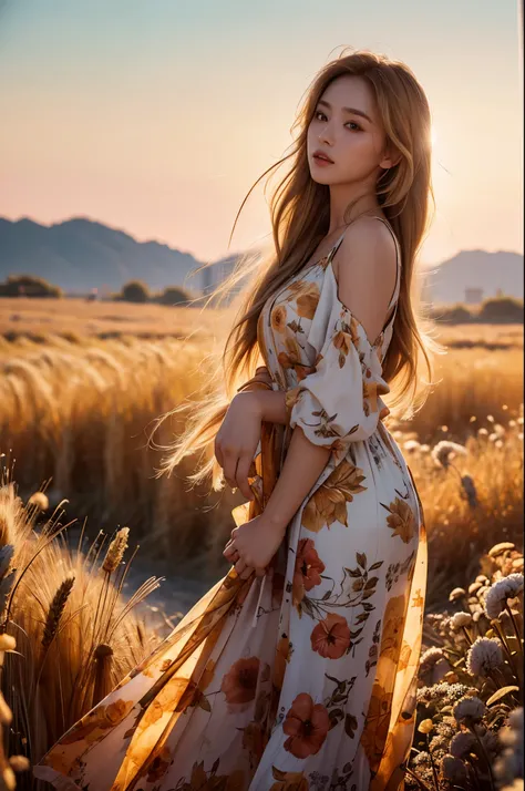 (best quality, masterpiece), (realistic, photo realistic), UHD, extremely detailed CG unity 8k wallpaper, sharp focus, (realistic skin), perfect anatomy, (natural lighting), glossy lips,
BREAK
1girl, standing, wheat fields, golden hair color, long hair blo...