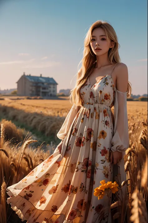 (best quality, masterpiece), (realistic, photo realistic), UHD, extremely detailed CG unity 8k wallpaper, sharp focus, (realistic skin), perfect anatomy, (natural lighting), glossy lips, BREAK 1girl, standing, wheat fields, golden hair color, long hair blo...