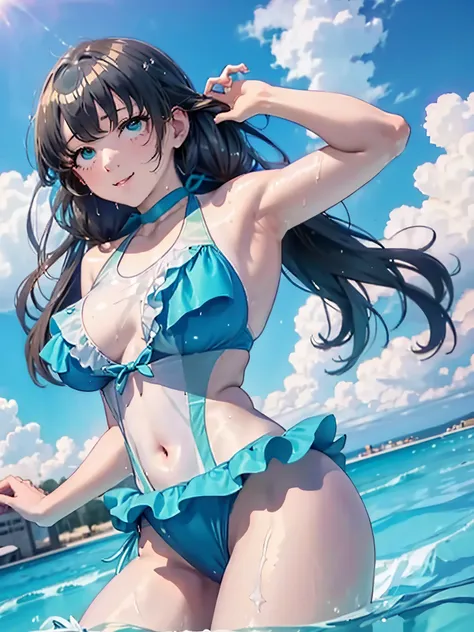 highest quality, 8K, masterpiece,genuine、1 girl、、long hair、twin tails、bewitching face、green eyes、 body shape、((big breasts))、((swimsuit:1.5)), I can see your nipples、((big breasts thin waist))、wet body、cowboy shot、positive、shiny body、Pee、look at the camera...