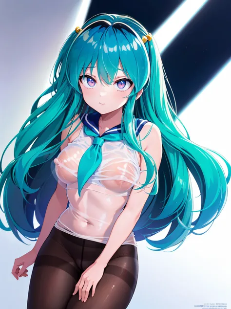 (1 girl),(high quality), (High resolution), (very detailed), (In 8K),(lower body shot),Ram from Urusei Yatsura wears a see-through sailor swimsuit at school.),(black pantyhose)no shoes,perfect lighting,(Beautifully erect nipple shape:1.1),High resolutionの美...