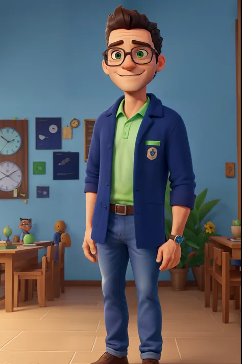 Professor Hélio Gopfert Jr . Desenhos animados em camisa polo azul royal com gola e mangas de cor verde bandeira, escrito na altura do peito ZeroHum em branco. navy blue jeans, crossed arms, olhando para frente e sorrindo com os dentes levemente aparecendo...