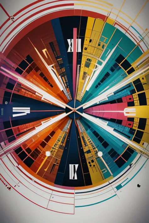 Design an abstract clock where each hand and hour marker are represented by an explosion of vibrant colors. Use geometric shapes and abstract patterns to indicate hours and minutes, incorporating a color palette that evokes a feeling of dynamism and joy. E...