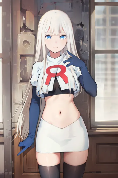 (exceptional, best aesthetic, new, newest, best quality, masterpiece, extremely detailed), Elena, 1girl, blue eyes, solo, long hair, looking at viewer, white hair, bangs, team rocket,team rocket uniform,white skirt,red letter R,crop top,black thigh-highs,b...