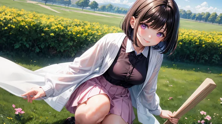 very cute girl、dark brown hair、bob cut、short hair、Violet eyes、smile、Crystal clear white skin、white blouse、pink cardigan、Red skirt、Black knee-high、whole body、grassland。