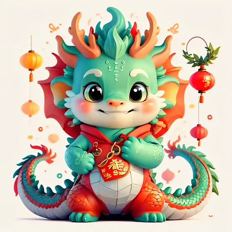 Chinese dragon,The background is casual,Delicate picture quality,HD,happy expression,wooden dragon baby,Holding a carp