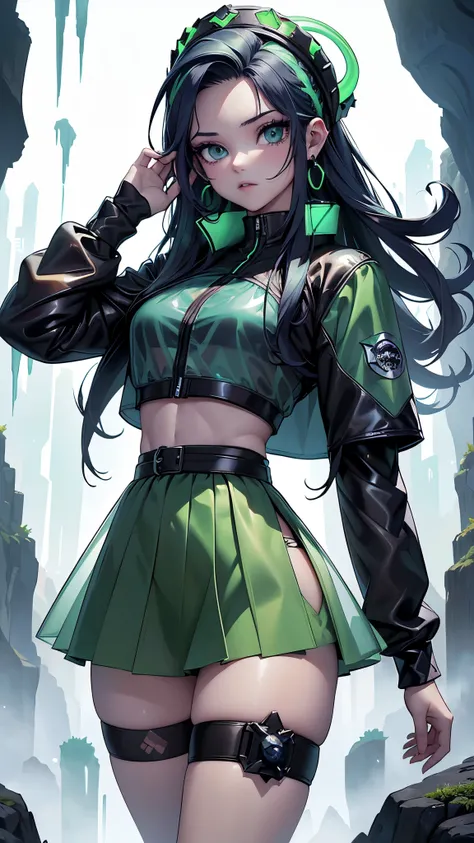 (La mejor calidad,A high resolution,Ultra - detallado,actual),Ariana Grande vestida con chaqueta verde ciborg,dance balet ,(chaqueta student neon verde:1.4), (miniskirt transparente verde colegiala ciborg:1.4),fondo pared de hielo congelado caverna, cabell...