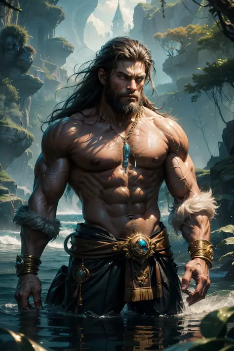 (Highest Quality, 16k), Crazy Strong Human-Monkey Sorcerer, Lone Enchanting Beast, Ultra-muscular physique, Monkey features with human intelligence, Water manipulation magic, Supernatural abilities, Radiant golden fur, Serene and benevolent expression, Wil...