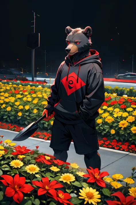 a thin bear with grey Furr wearing a black and red striped sweatshirt with a red colored eye and a blue colored eye standing in a black void yellow flower bed caring a shovel