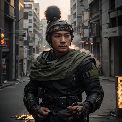 Soldado masculino, cara china, calvo, serious expression, he wears tactical sunglasses on his forehead, Ultra-modern tactical armor reinforced with greenish-gray metal plates., metal shoulder pads, guantes de cuero negro, ammunition belts, is in a destroye...