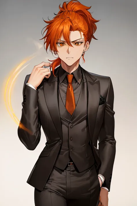 21 year old, very nature looking, topaz eyes, very dark orange hair, medium chest, golden orange coat with light gray fur edges, black work suit, orange tie, hair put up in a ponytail, exasperated, strict, bossy, arrogant, cigarette in hand