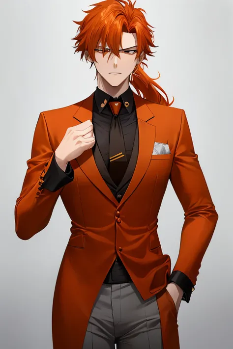 21 year old, very nature looking, topaz eyes, very dark orange hair, medium chest, golden orange coat with light gray fur edges, black work suit, orange tie, hair put up in a ponytail, exasperated, strict, bossy, arrogant, cigarette in hand