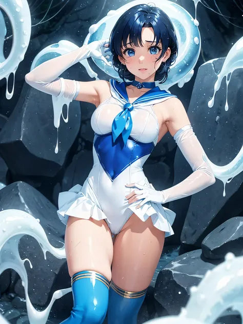 sailor mercury　All limbs　full finger　Transformation heroine of justice　enamel white leotard　enamel blue boots　wrinkled boots　enamel white gloves　Enamel blue miniskirt　neat image　Enamel Blue Choker　gold decoration　Costumes with fancy decorations　justice　pon...