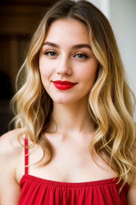 
Blonde woman, curly hair, long hair below the shoulder, green eyes, about 22 years old. She has a soft smile, a mouth with thick lips painted with red lipstick, there is a small black mole next to her mouth, a small nose and next to her there is a white m...