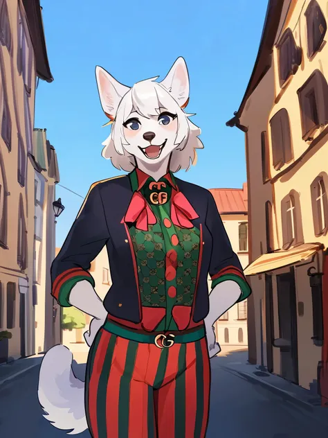 by bebebebebe, by lostgoose, by goonie-san, solo, female, standing, ((snout, hair, white hair, white husky)), detailed eyes, german city, open mouth, smiling, happy, ((designer clothes, gucci)),