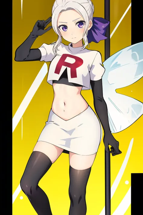 ((best quality)),((highly detailed)),masterpiece,absurdres,detailed face,beautiful face,(detailed eyes, deep eyes),(1girl),((dynamic pose)), shino, 1girl, solo, purple eyes, looking at viewer, fairy background, ribbon, hair ribbon, purple ribbon, white hai...