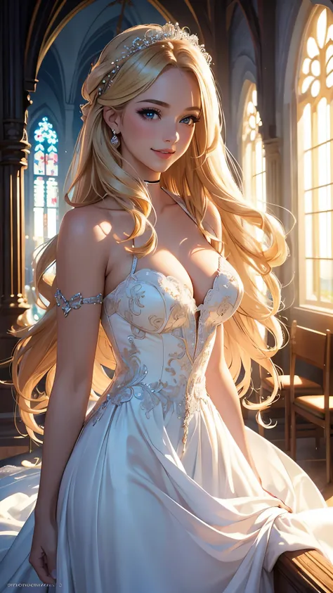 (best quality,ultra-detailed,photo-realistic:1.37),bright and vibrant colors,studio lighting,playful expression,stylish makeup,long blonde hair flowing in the wind,alluring eyes,glossy lips,sexy pose,wedding dress shade of blush, in front of Chapel, smilin...