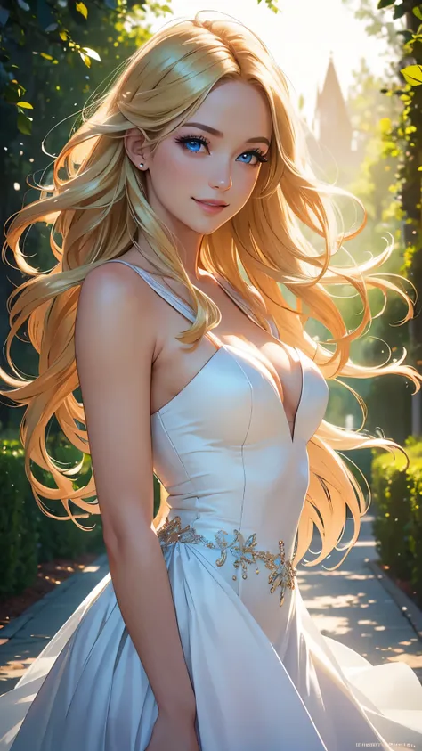 (best quality,ultra-detailed,photo-realistic:1.37),bright and vibrant colors,studio lighting,playful expression,stylish makeup,long blonde hair flowing in the wind,alluring eyes,glossy lips,sexy pose,bridesmaid, in front of Chapel, smiling in a confident a...