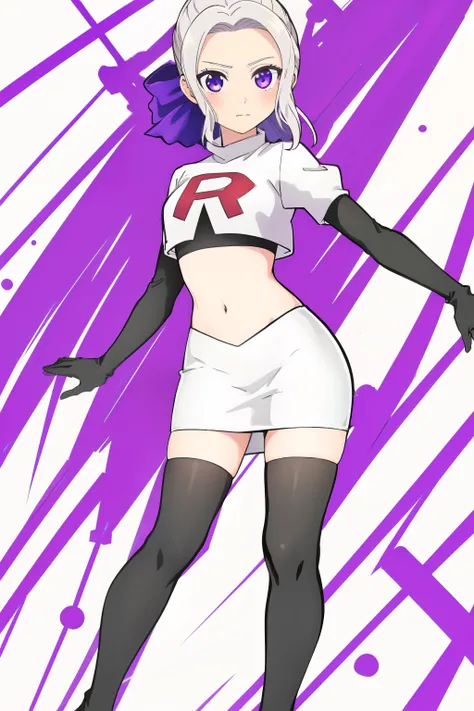 ((best quality)),((highly detailed)),masterpiece,absurdres,detailed face,beautiful face,(detailed eyes, deep eyes),(1girl),((dynamic pose)), shino, 1girl, solo, purple eyes, looking at viewer, fairy background, ribbon, hair ribbon, purple ribbon, white hai...