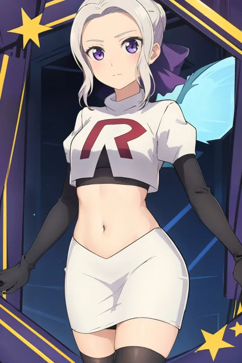((best quality)),((highly detailed)),masterpiece,absurdres,detailed face,beautiful face,(detailed eyes, deep eyes),(1girl),((dynamic pose)), shino, 1girl, solo, purple eyes, looking at viewer, fairy background, ribbon, hair ribbon, purple ribbon, white hai...